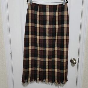 Vtg J. London Women's 14 Plaid Maxi Pencil Wool Blend Skirt Fringe Academia Boho